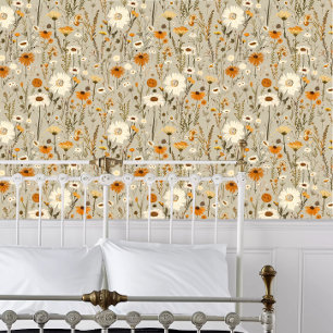 Papier Peint Cottagecore Fleurs sauvages orange et blanc