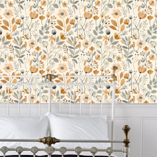 Papier Peint Cottagecore Orange Fleurs et Feuilles gris