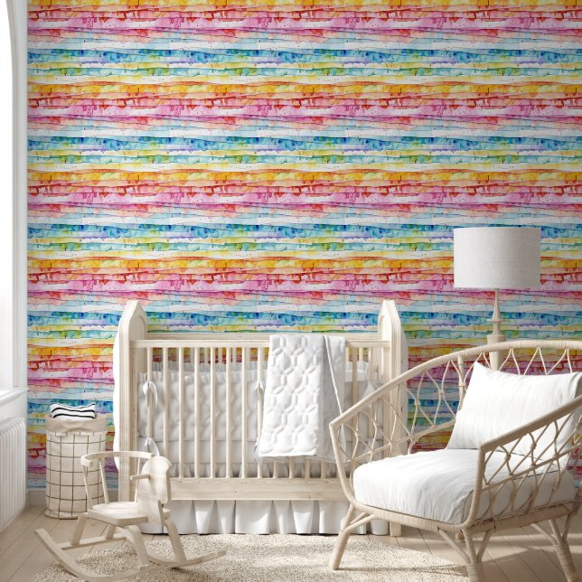 Papier Peint Couches d'aquarelle Abstrait rouge, bleu, jaune (Enfants)