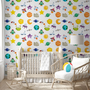 Papier Peint Couleurs enfants mignonnes Aquarelle Planètes Moti