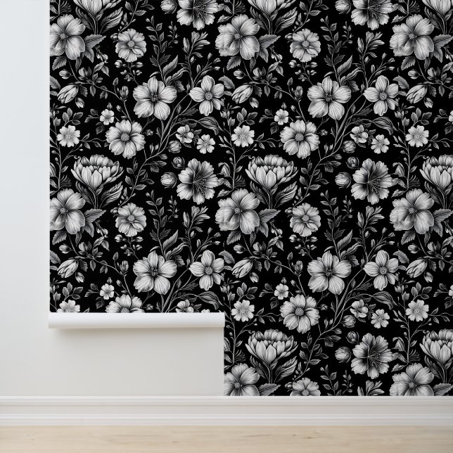 Papier Peint Couvre-mur floral noir et blanc classique (Application)
