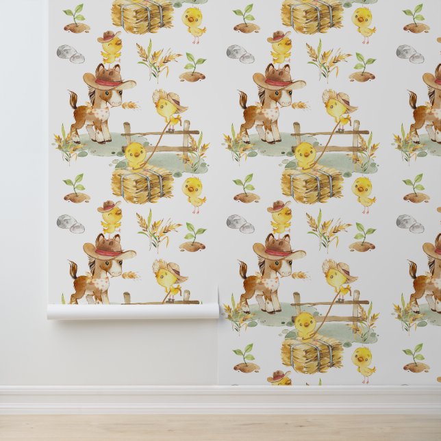 Papier Peint Cowboy Animaux de ferme Cheval et poussins (Application)