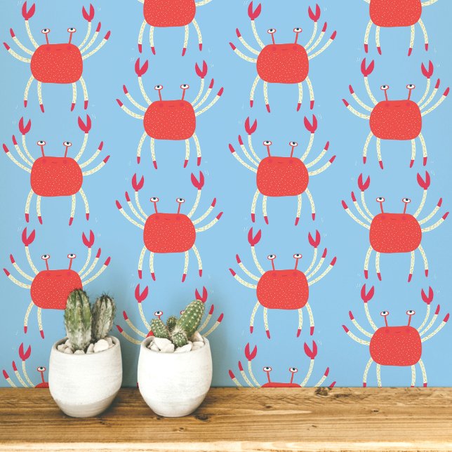 Papier Peint Crabe dansant amusant motif côtier (Dancing crabs fun coral and blue peel and stick wallpaper for coastal home decor)