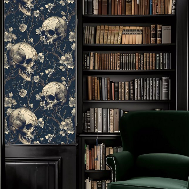 Papier Peint Crâne gris foncé universitaire (Dark Academia Gray Skulls Wallpaper in a library.)