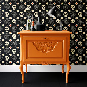 Papier Peint Crâne noir et toile d'araignée florale Halloween