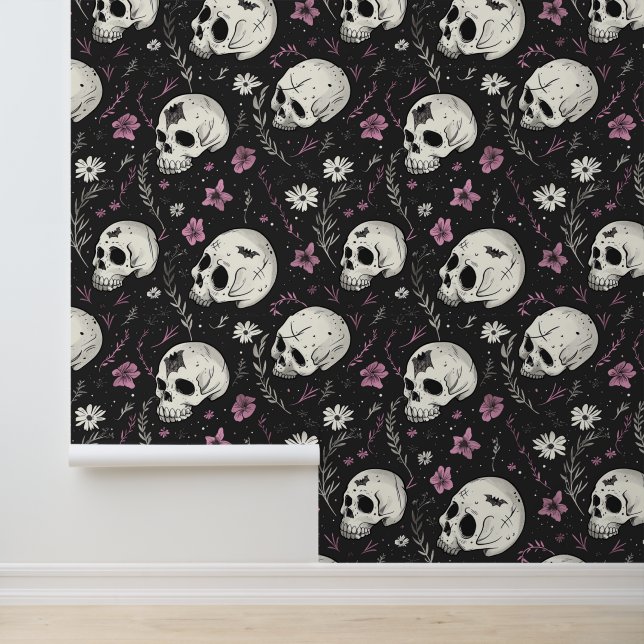 Papier Peint Crâne noir pourpre foncé Fleurs roses gothiques (Application)