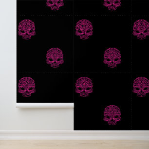 Papier Peint Crânes de sucre rose chaud sur noir solide