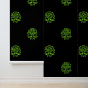 Papier Peint Crânes de sucre vert brillant sur le noir