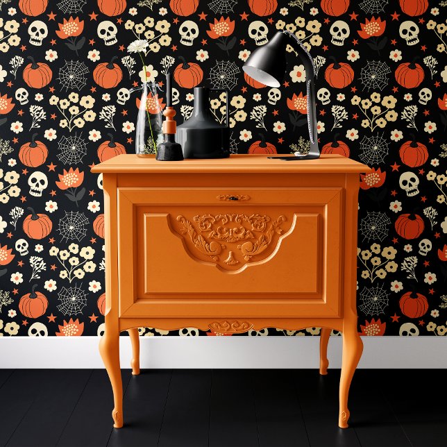 Papier Peint Crânes d'Halloween Boho noir et Citrouille (Créateur téléchargé)