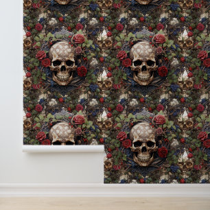 Papier Peint Crânes gothiques et roses rouges Cordes florales c