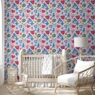 Papier Peint Crayon Coeurs et fleurs pour enfants