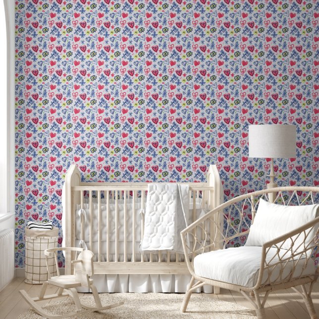 Papier Peint Crayon Coeurs et fleurs pour enfants (Enfants)
