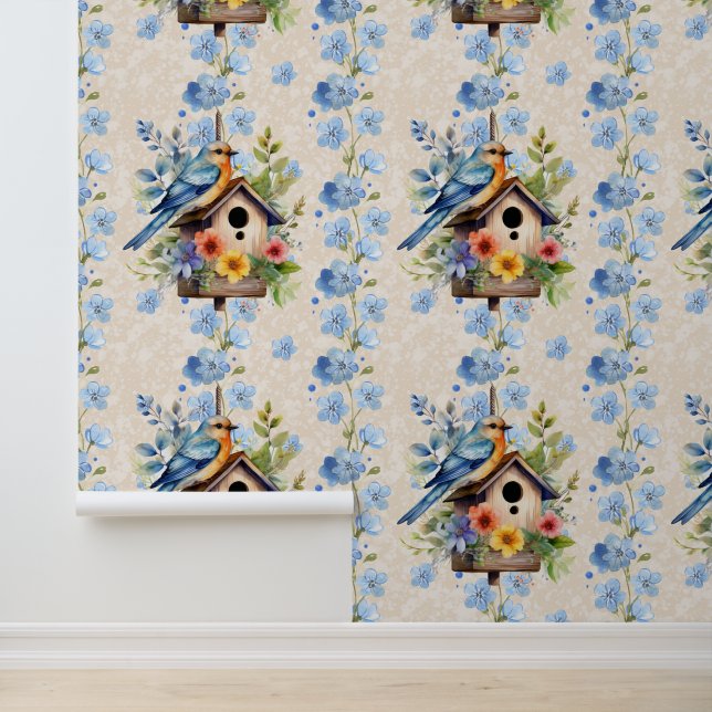 Papier Peint Crème à texture bleue rayée d'oiseaux floraux (Application)