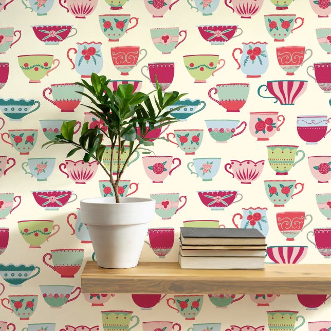 Papier Peint Crème Teacups Rétro (Retro teacup pattern art wallpaper)
