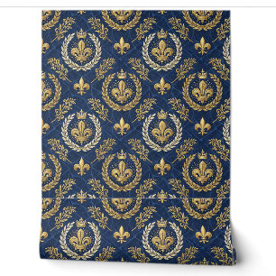 Papier Peint Crête dorée motif damassé royal bleu velours Desig