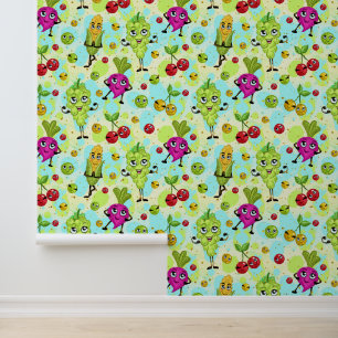 Papier Peint Cuisine mélangée légumes et motif carrelé de fruit