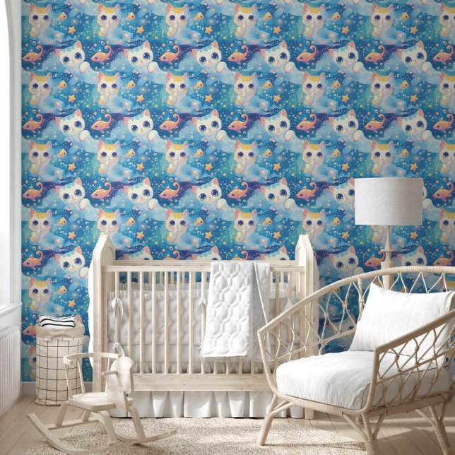 Papier Peint Cute Anime Chat Poisson Étoiles Motif (Enfants)