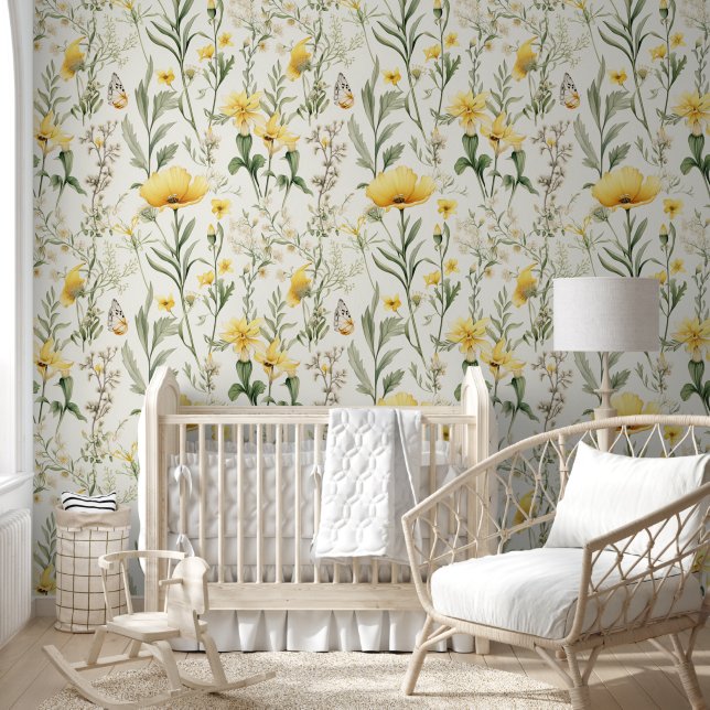 Papier Peint Cute Aquarelle Jaune Vert Fleur sauvage Floral (Enfants)