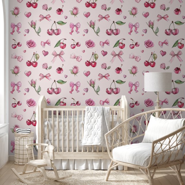 Papier Peint Cute Aquarelle Rose Vaches Cerise Rose Coquette (Enfants)