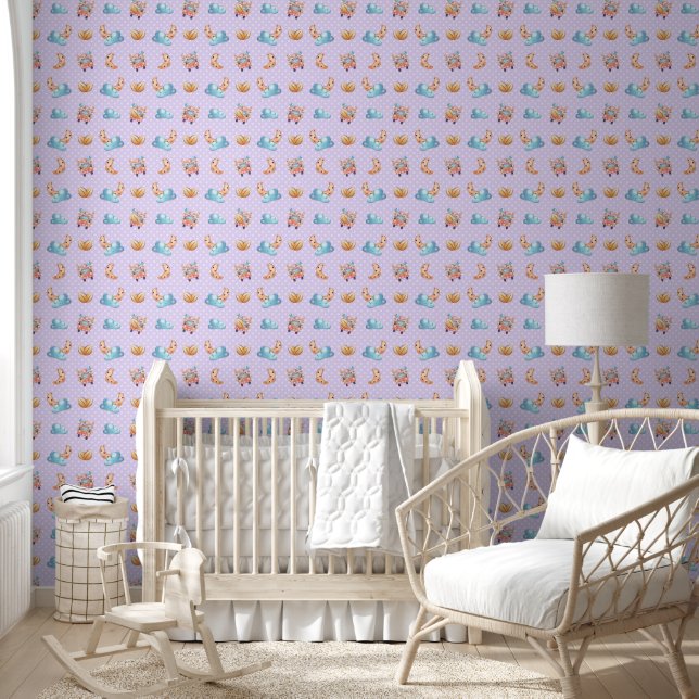 Papier Peint Cute Baby Nursery Animal Ride Lilac Pastel (Enfants)