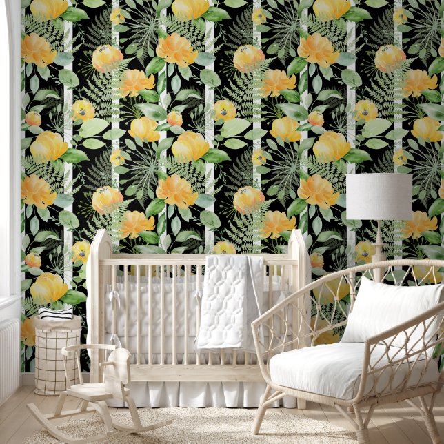Papier Peint Cute Black Blanc Floral Stripes Motif (Enfants)