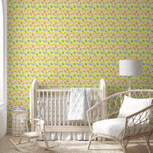 Papier Peint Cute Boho coloré Dinosaure arc-en-ciel Jaune Nurse