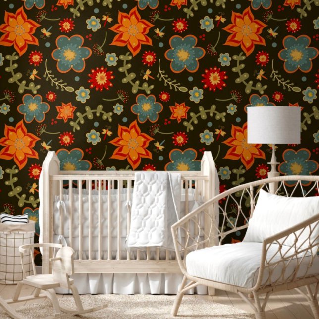 Papier Peint Cute Bold Orange Blue Floral Motif Whimsical (Créateur téléchargé)