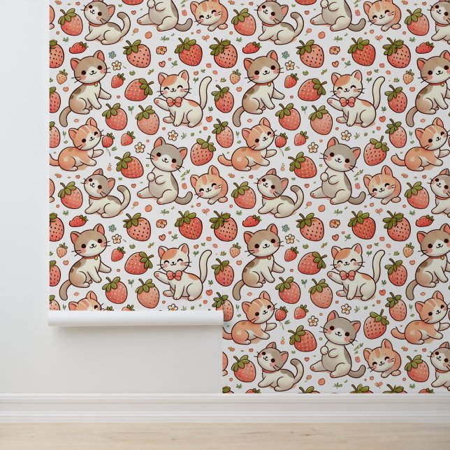 Papier Peint Cute caricature Chats et Motif de fraises (Application)