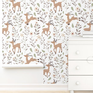 Papier Peint Cute Deer Woodland Neutral Nursery Kids Room Blanc
