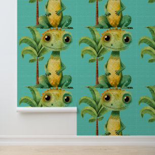 Papier Peint Cute dinosaure lézard palmier enfants aquarelle
