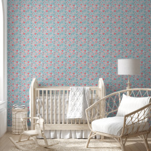 Papier Peint Cute Folk Floral Coeur Dusty Blue Blush Rose Girl