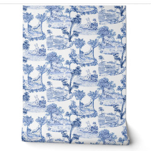 Papier Peint Cute Funny Vintage Bleu Blanc Lapin Toile de Jouy