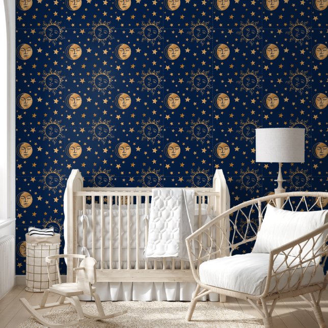Papier Peint Cute Girly Sun Moon & Stars Magic Gold & Navy Blue (Enfants)