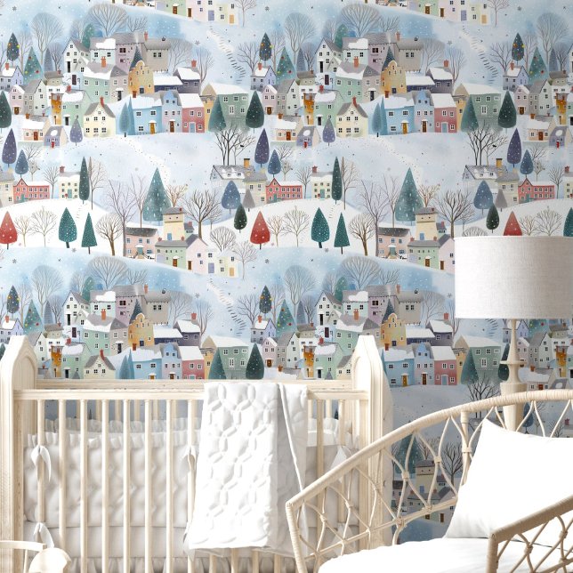 Papier Peint Cute Hiver Pine Trees Maisons Neige Salle de Pépin (Cute Winter Pine Trees Homes Snow Nursery Room Wallpaper)