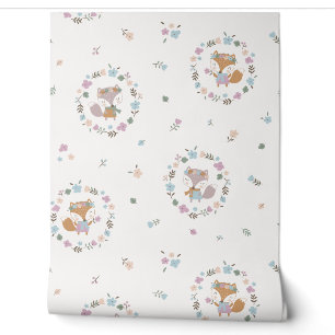 Papier Peint Cute Little Fall Fox avec fleurs crème