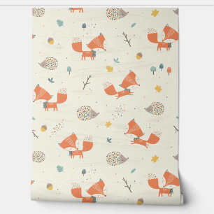 Papier Peint Cute Little Fox et Hedgehog avec feuilles d'automn