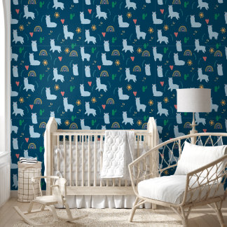 Papier Peint Cute Llama Rainbows en Blue Baby Boy Nursery