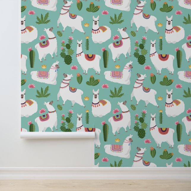 Papier Peint Cute Llamas Sur Motif Turquoise (Application)