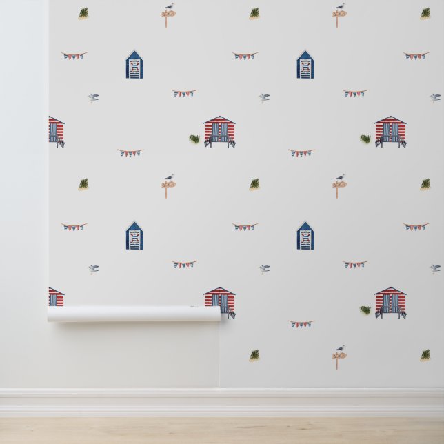 Papier Peint Cute Nautical Beach Hut Pattern Wallpaper (Application)