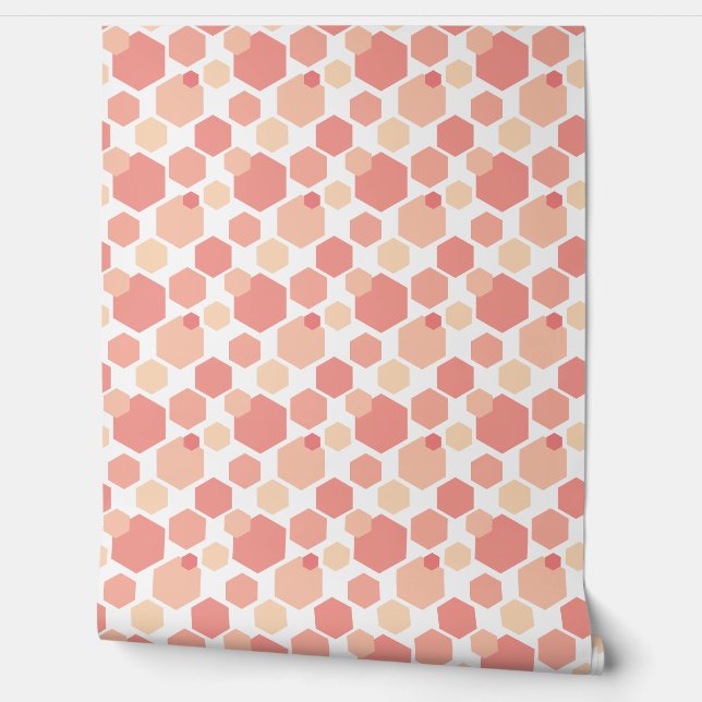 Papier Peint Cute pêche et Hexagons roses Motif géométrique (Déroulement)