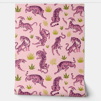 Papier Peint Cute Pink Tigers Tropical Leaves Abstract Animal