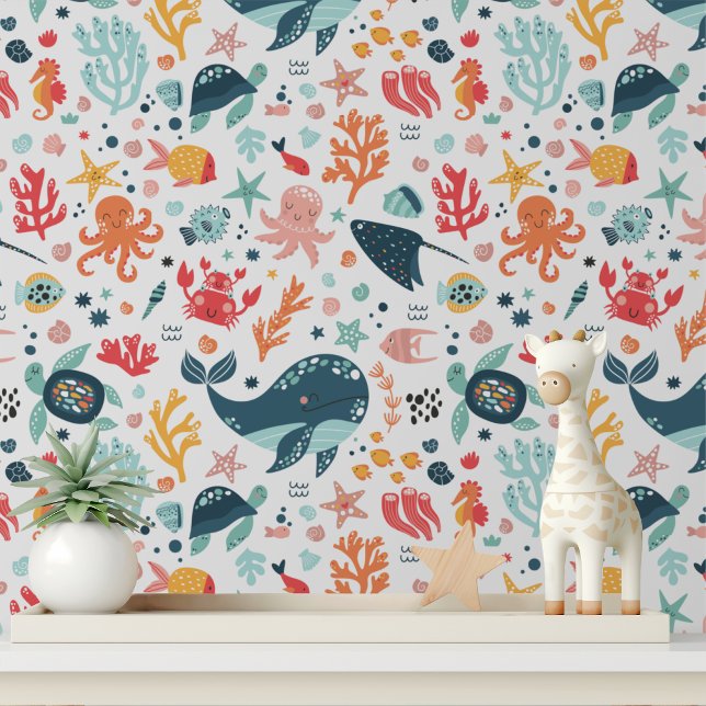 Papier Peint Cute Sea Créatures Tortue Baleine Motif (Créateur téléchargé)
