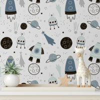 Cute Spaceshiles Rockets Planet Modern Kids Motif