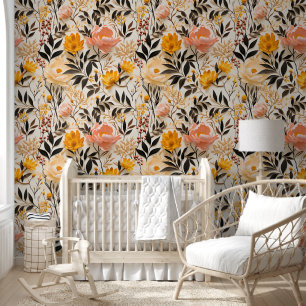 Papier Peint Cute Vibrant Orange Blanc Pignon Rose Chic Floral
