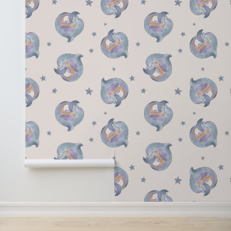 Papier Peint Cute Watercolor Dolphin and Stars Seamless Pattern