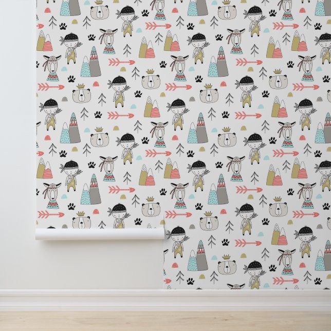 Papier Peint Cute Woodland Animaux et Motif de garçon indien (Application)