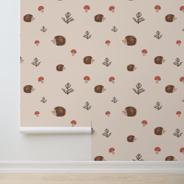 Papier Peint Cute Woodland Hérisson et Motif de champignons (Application)