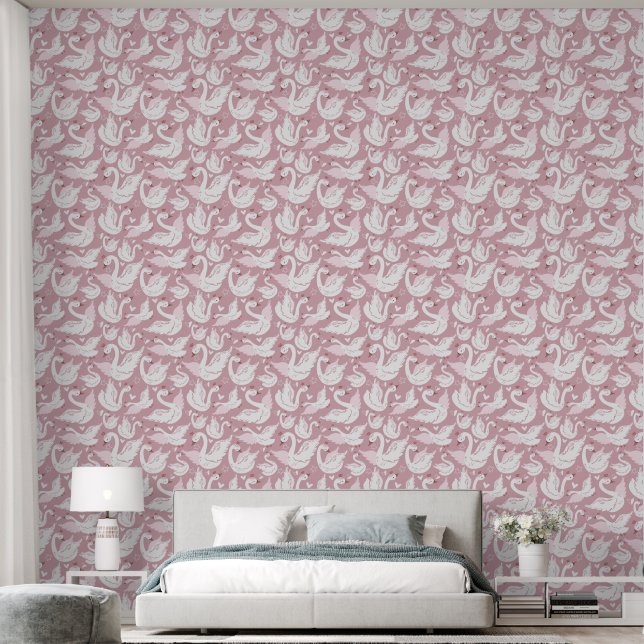 Papier Peint Cygnes Blancs Sur La Chambre Rose Girl (Chambre à coucher)