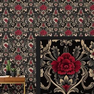 Papier Peint Damas gothique rouge et noir