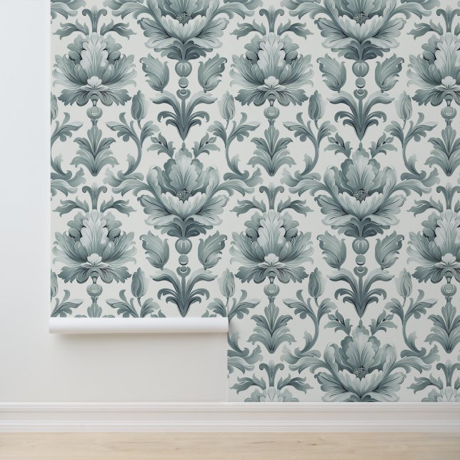Papier Peint Damas texture luxueuse de fleurs grises (Application)